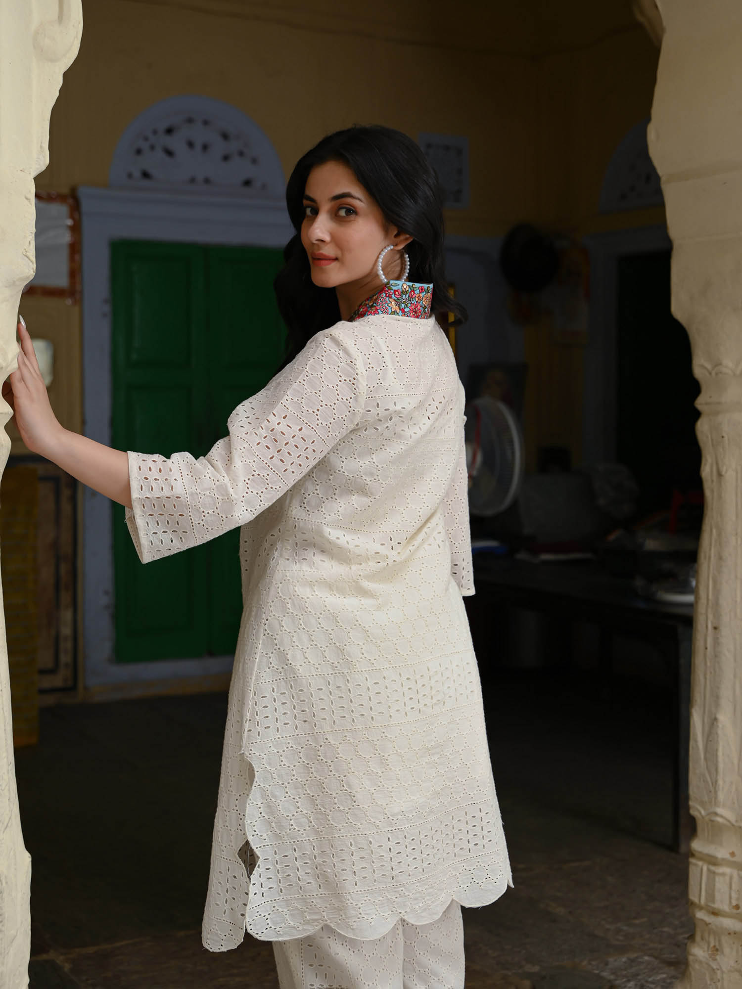 Schiffli Cotton Kurta Set with Multicolored Tassel Dupatta