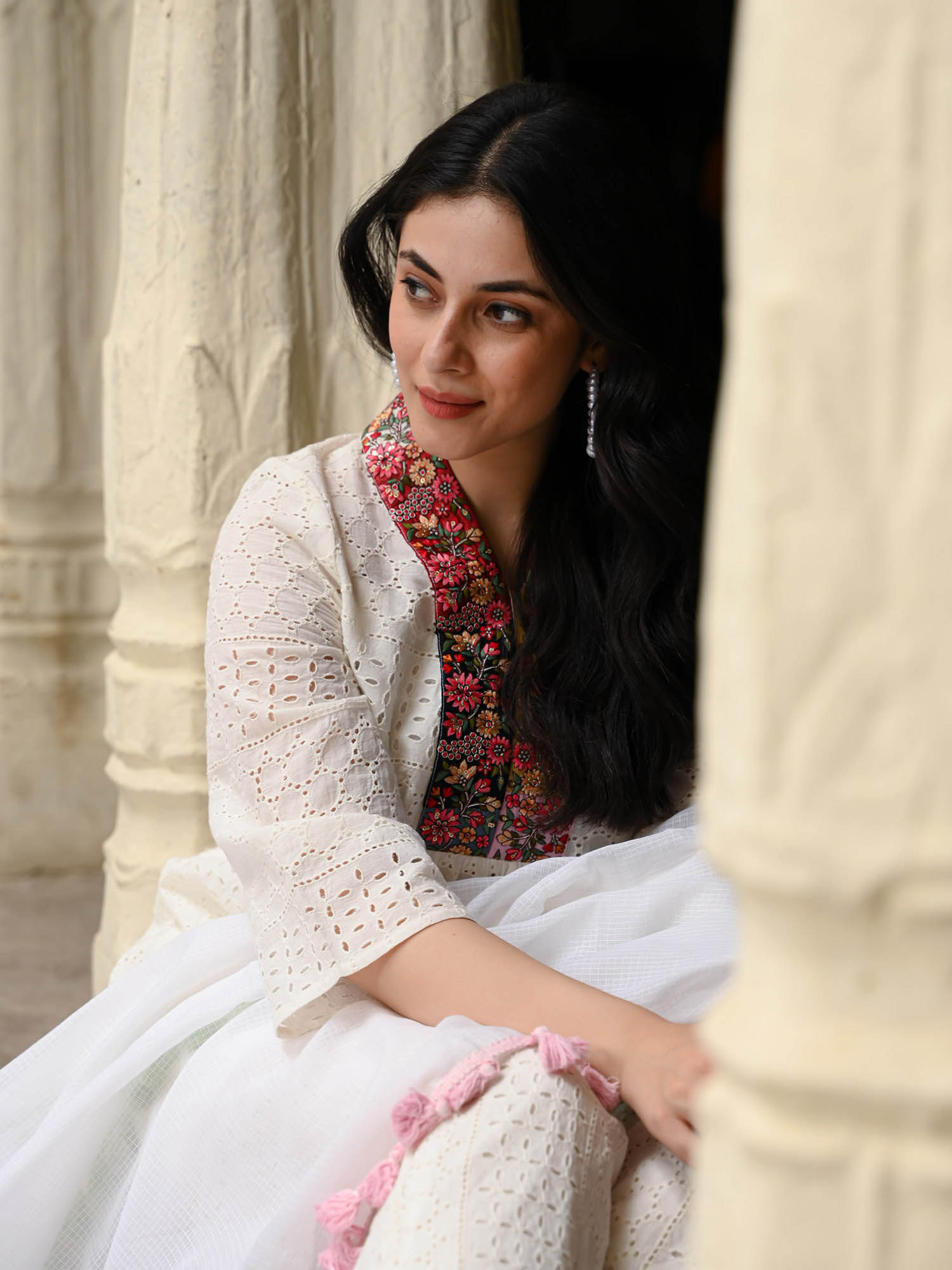 Schiffli Cotton Kurta Set with Multicolored Tassel Dupatta