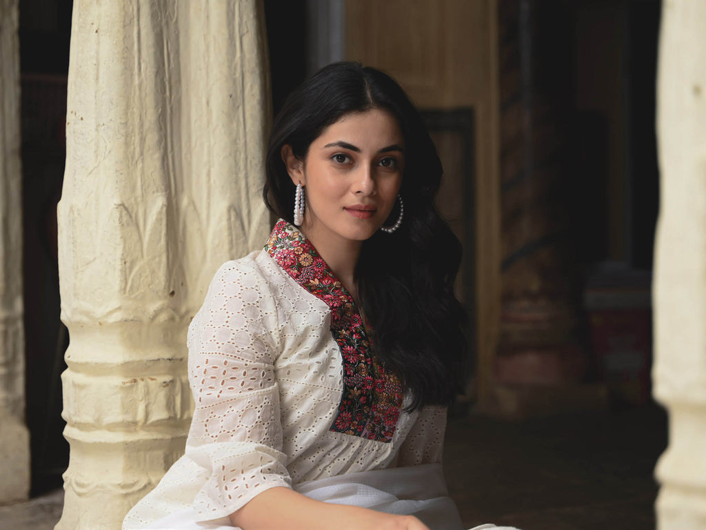 Schiffli Cotton Kurta Set with Multicolored Tassel Dupatta