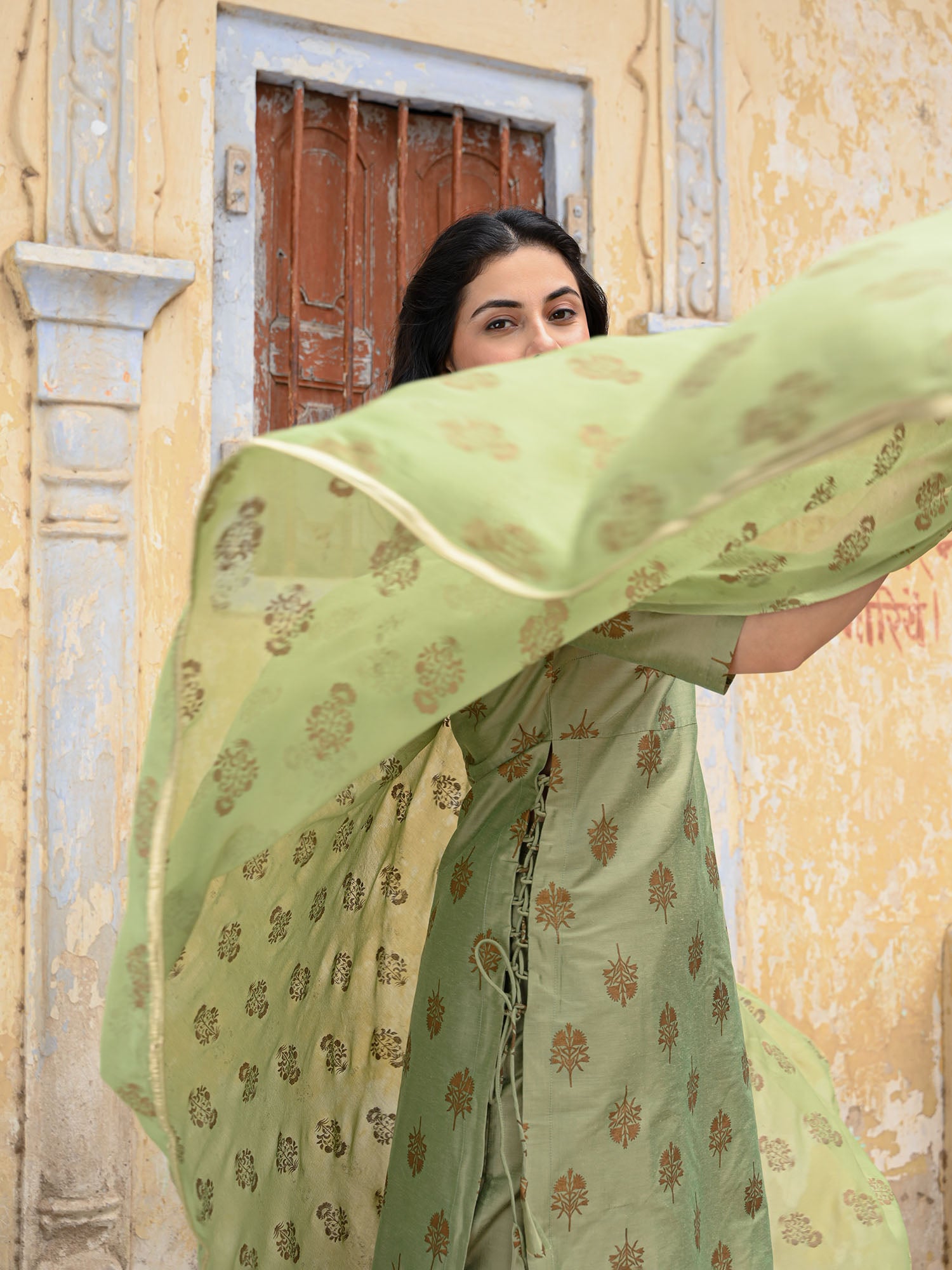 Olive Green Art Silk Kurta Pant Dupatta Set with Gold Block Print