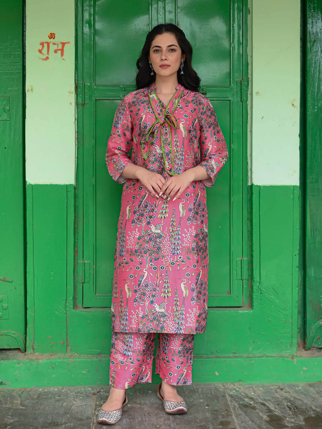 Flamingo Pink Printed Cotton Kurta & Pant Set