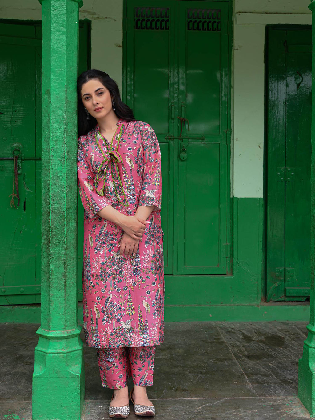 Flamingo Pink Printed Cotton Kurta & Pant Set