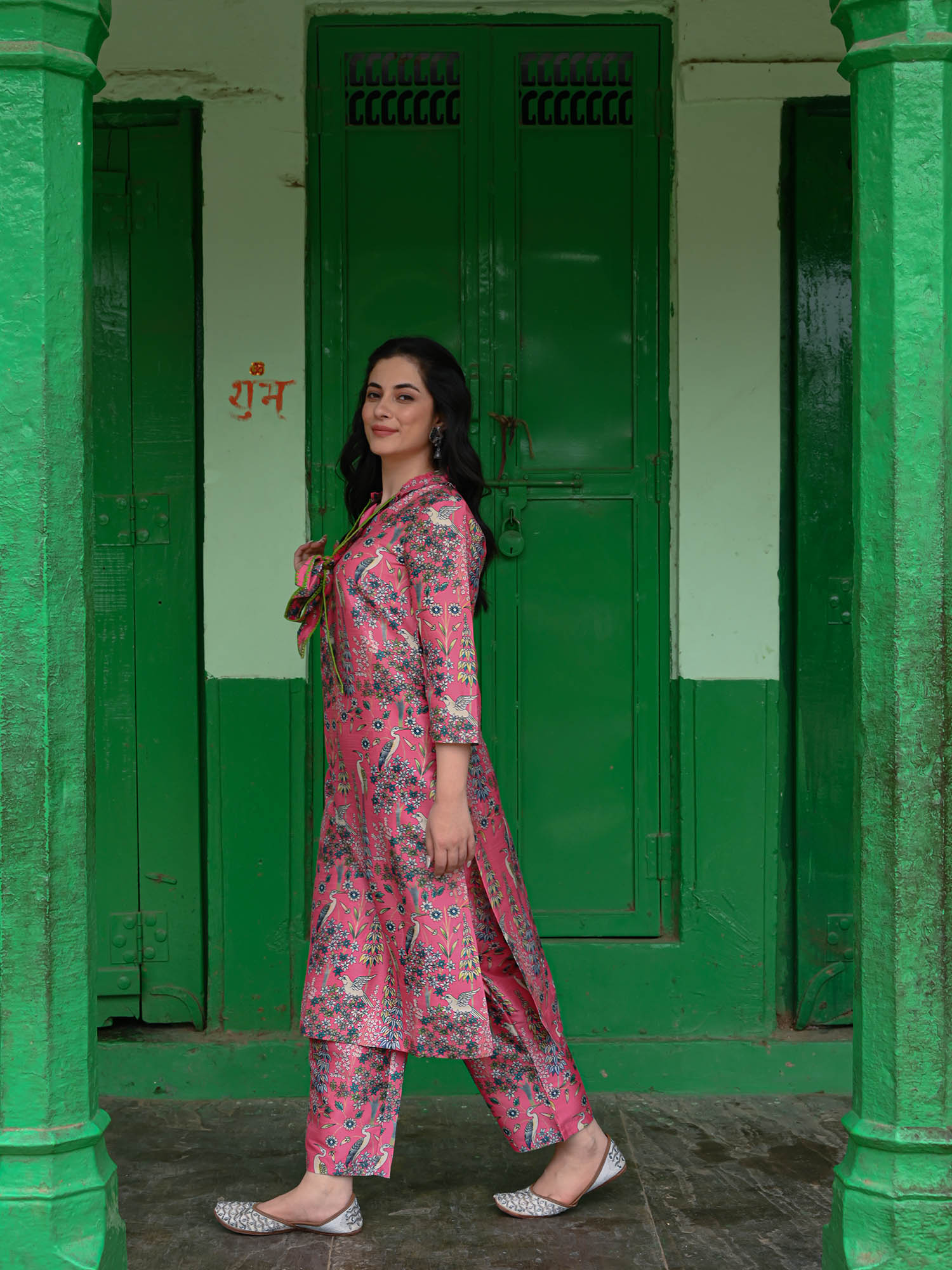 Flamingo Pink Printed Cotton Kurta & Pant Set