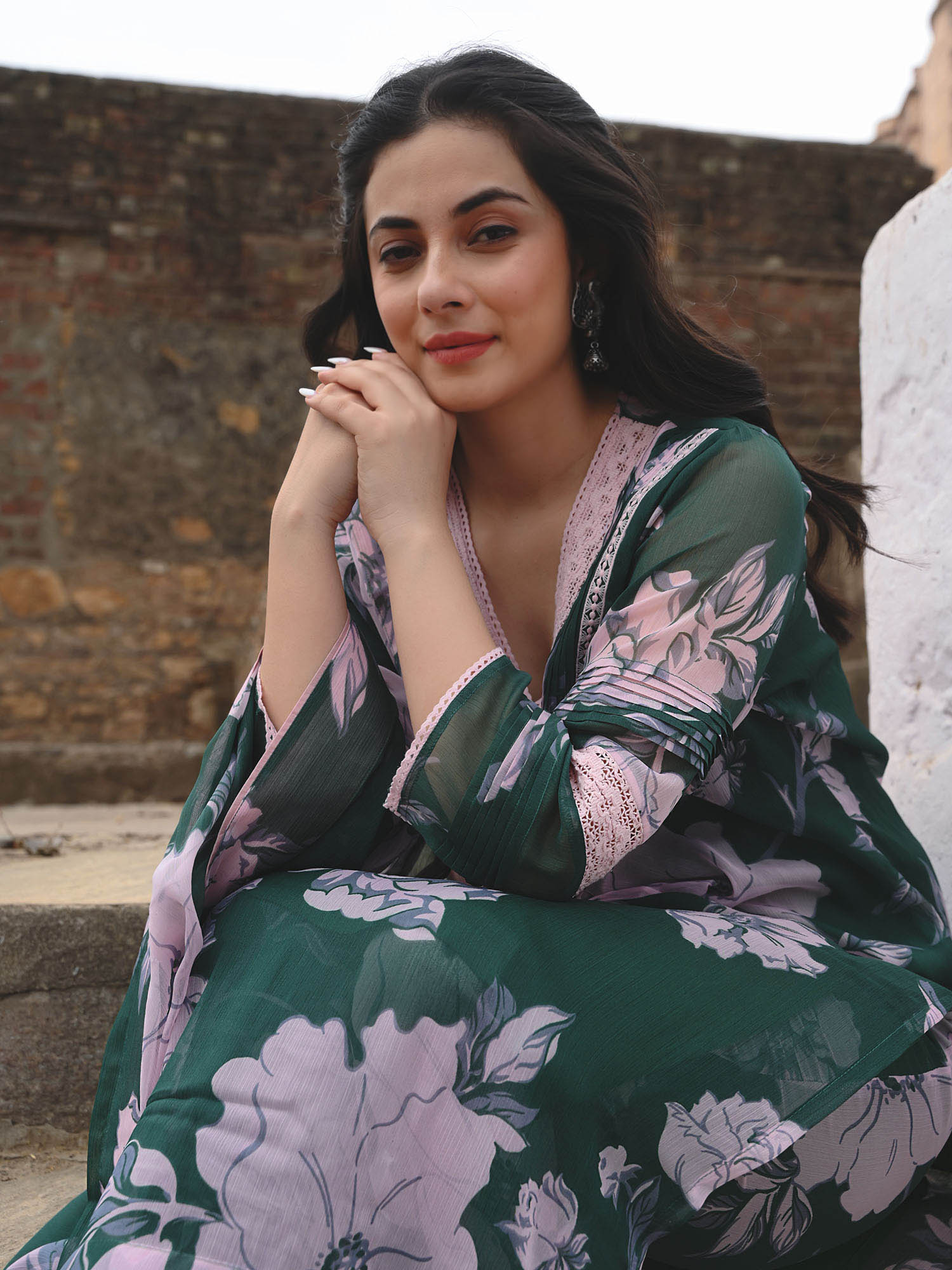Chiffon print & lace Pakistani ensemble