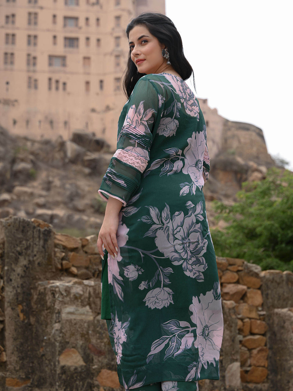 Chiffon print & lace Pakistani ensemble
