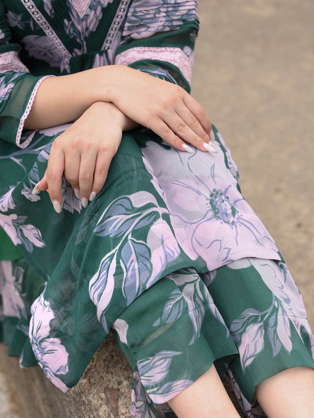 Chiffon print & lace Pakistani ensemble