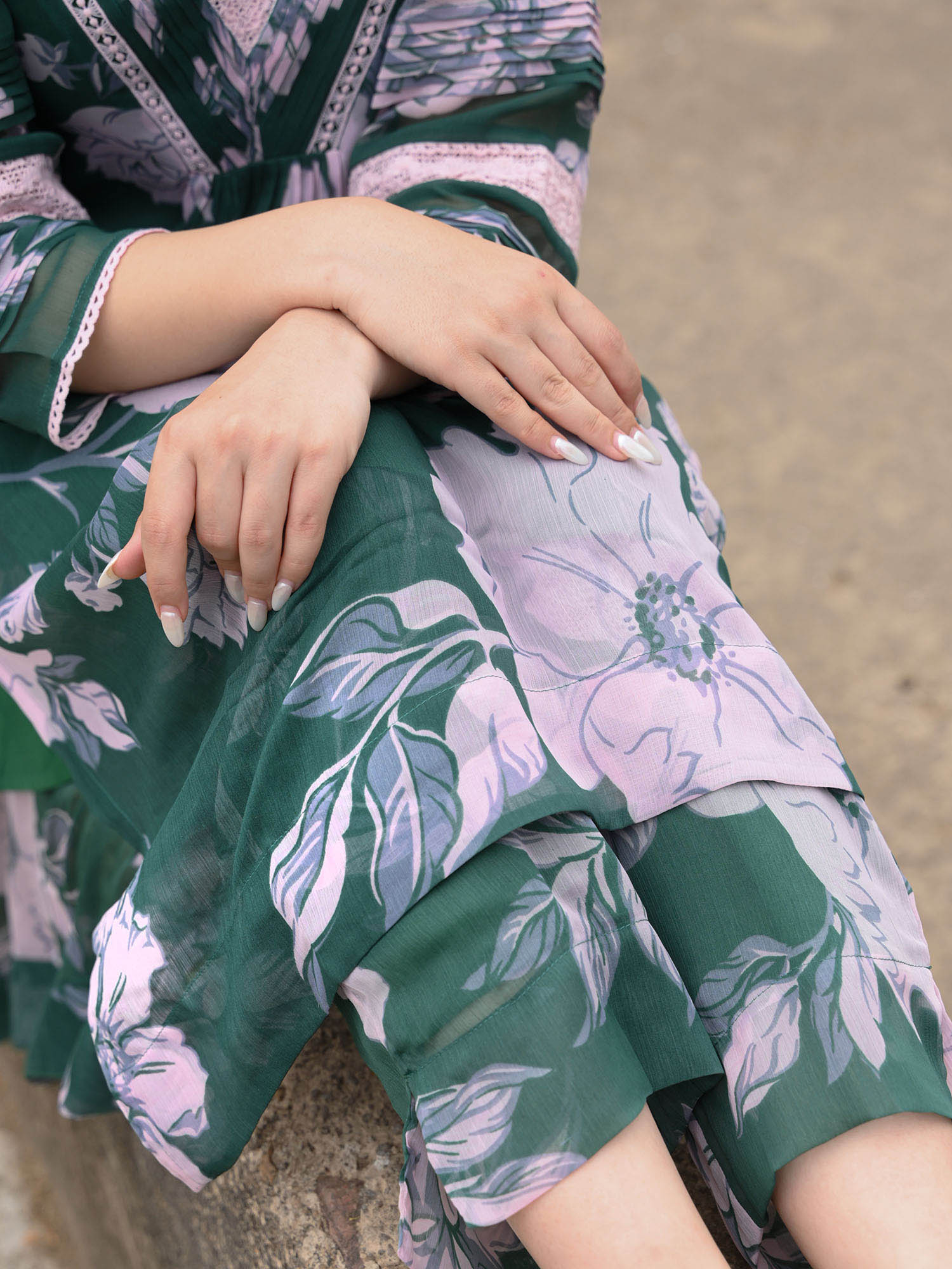 Chiffon print & lace Pakistani ensemble