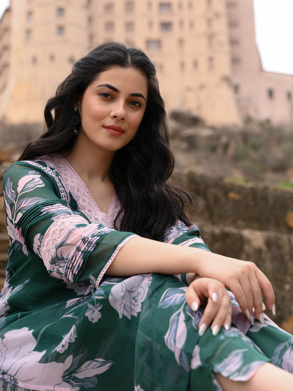 Chiffon print & lace Pakistani ensemble