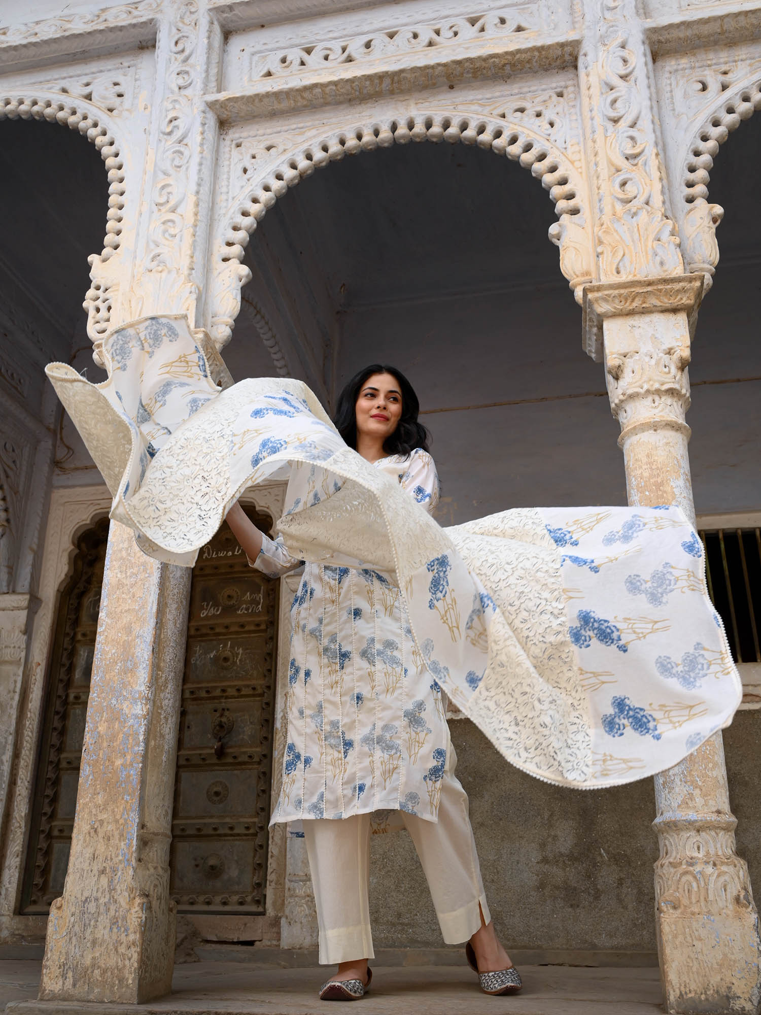 Off-White Floral Cotton Straight  Kurta Set