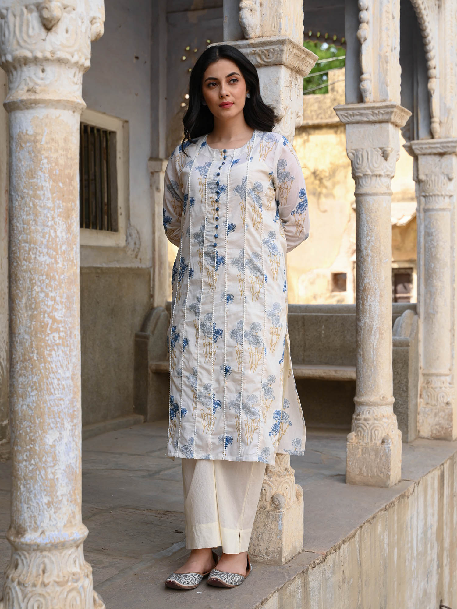 Off-White Floral Cotton Straight  Kurta Set