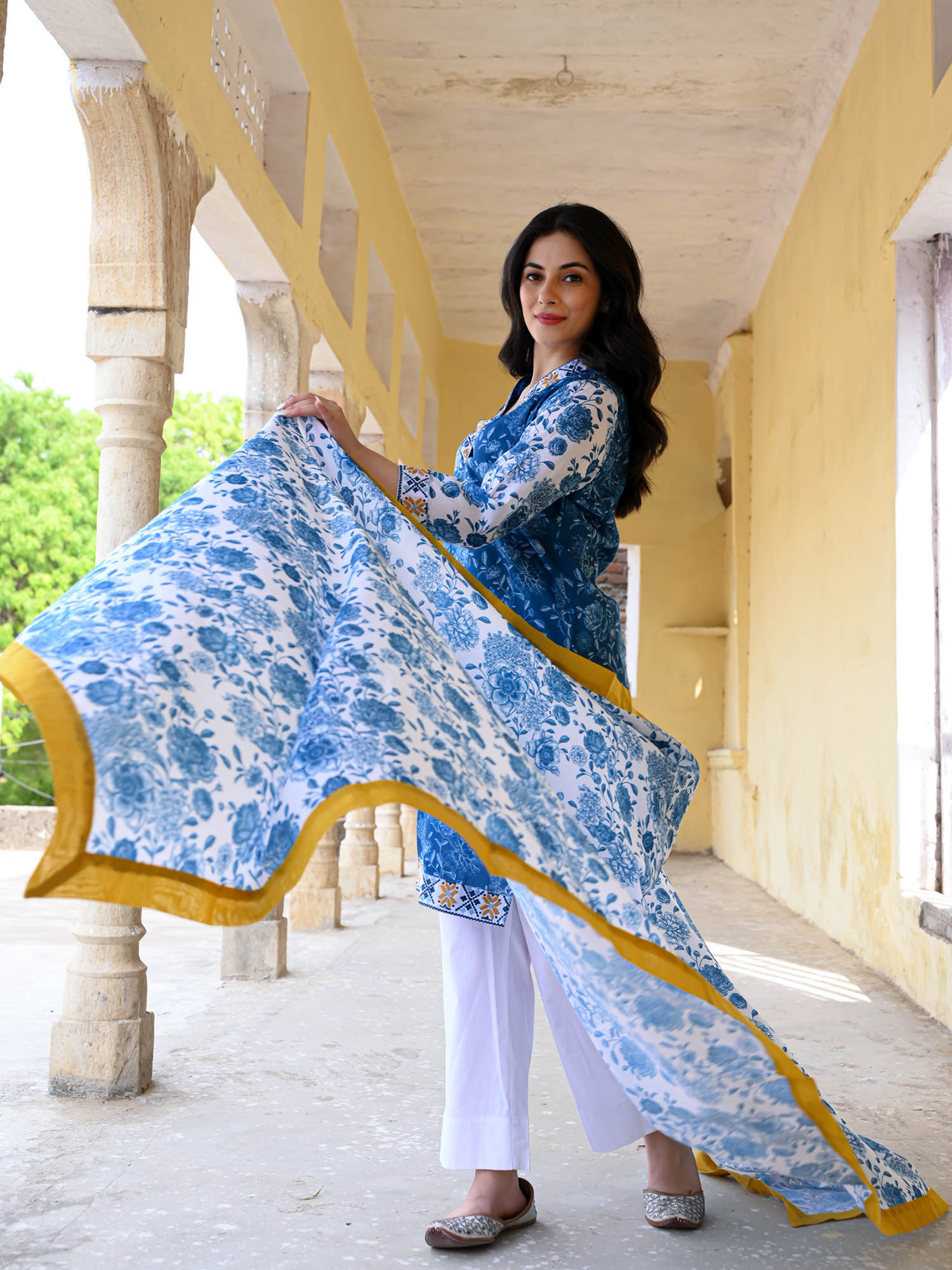 Blue Floral Printed Cotton Kurta Set