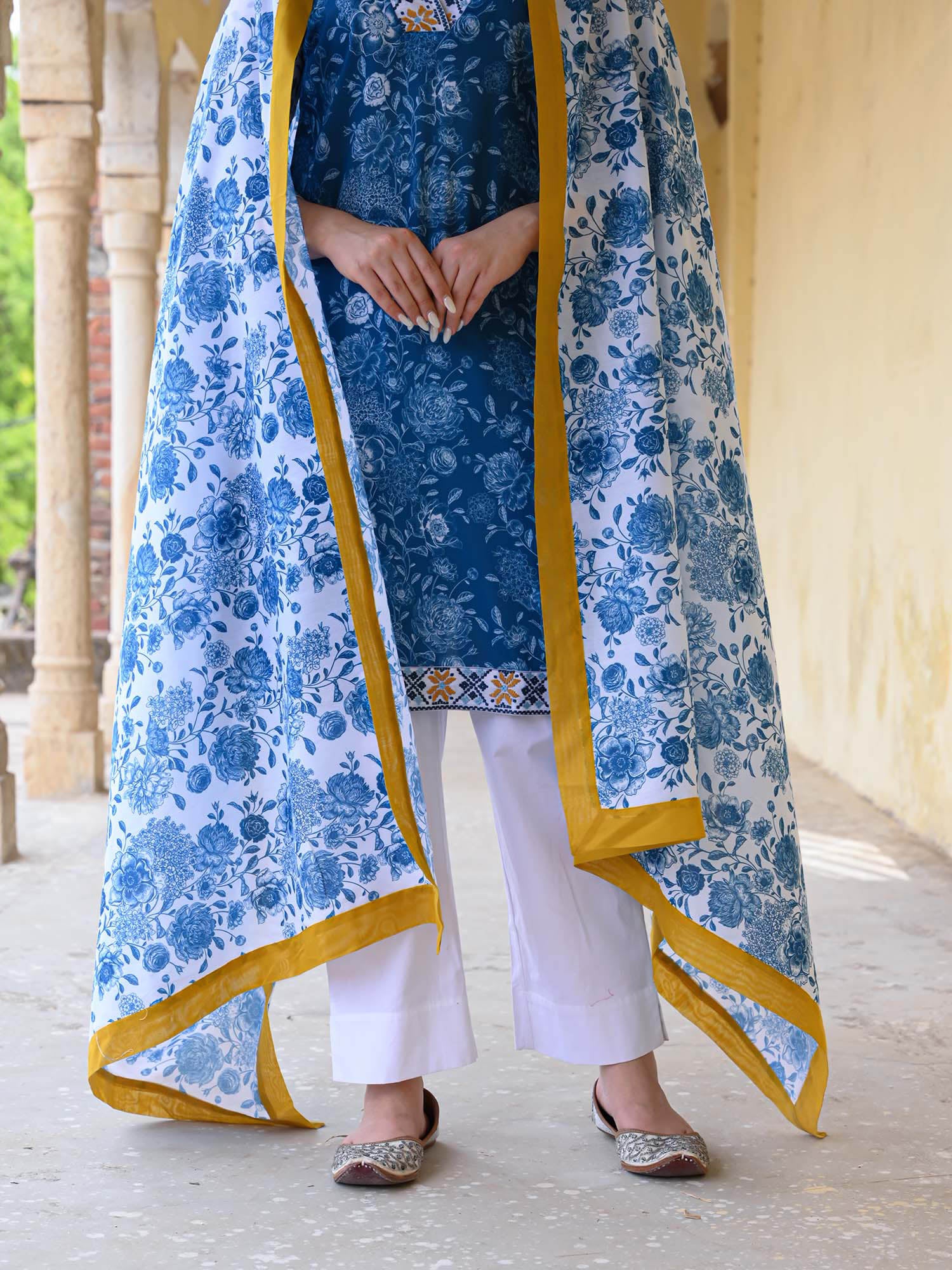 Blue Floral Printed Cotton Kurta Set