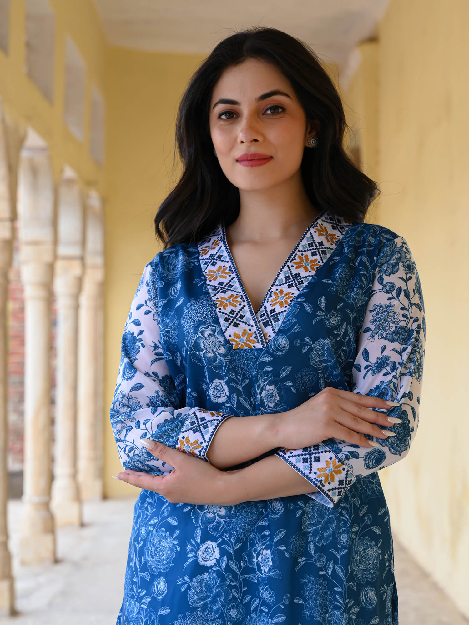 Blue Floral Printed Cotton Kurta Set