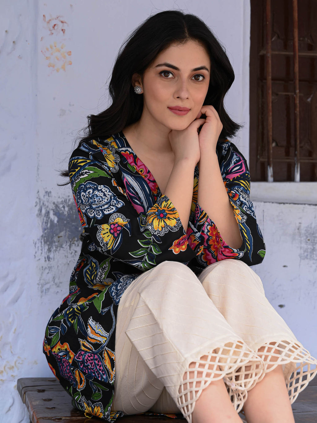 Monochrome Floral Printed Cotton Kurta Set