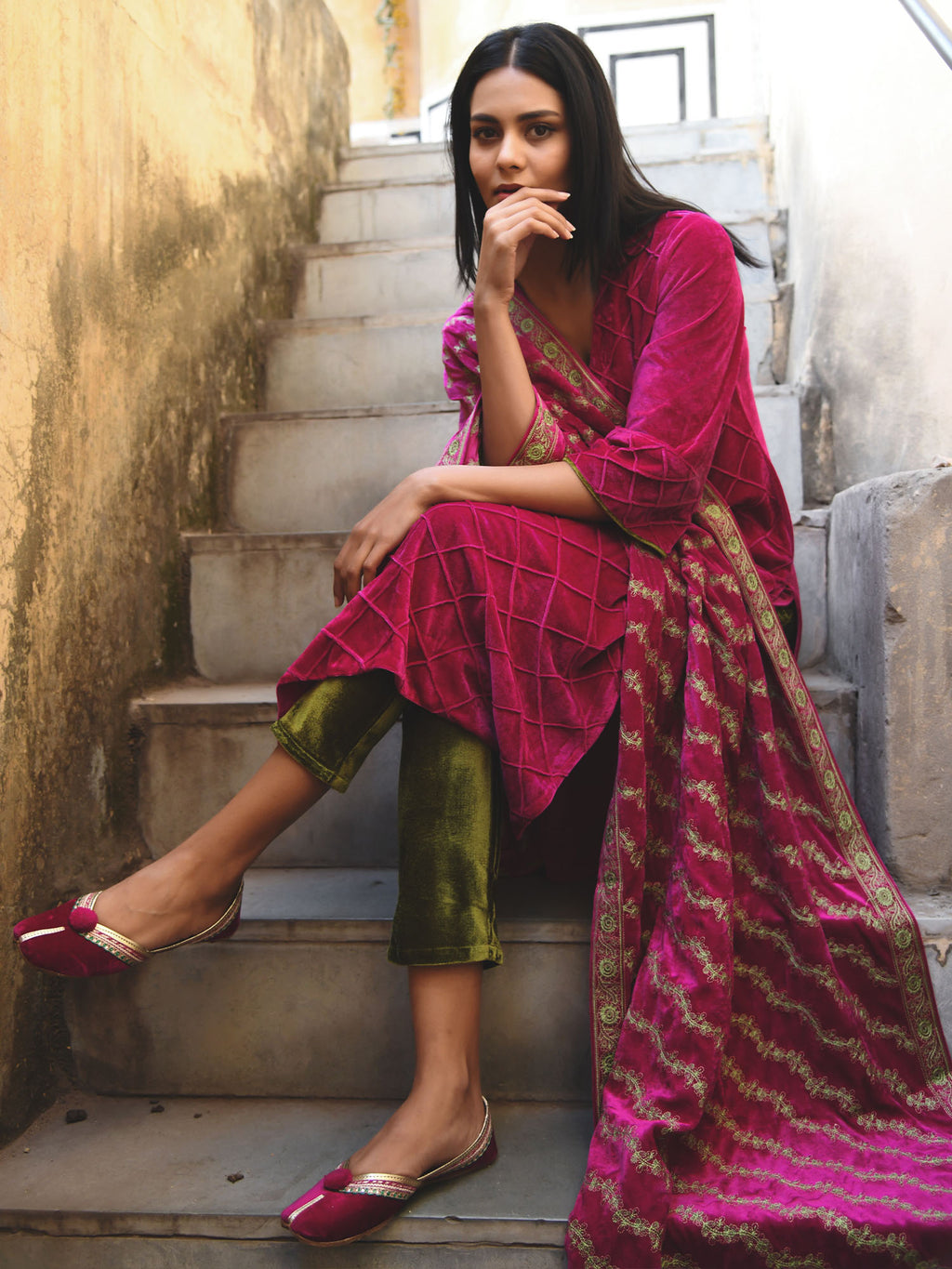 Sparkling & Classy Rani Pink Velvet Ensemble