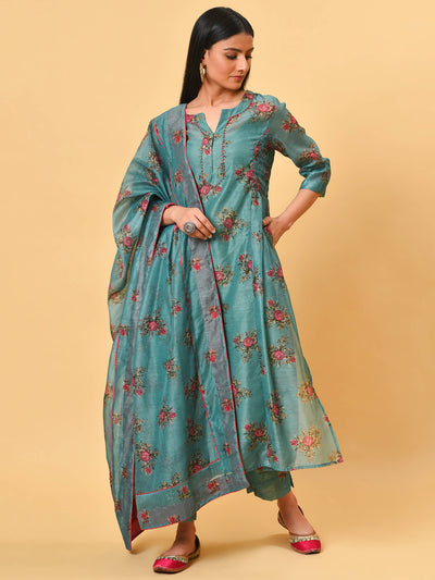 Rose printed teal Kurta & Pant set