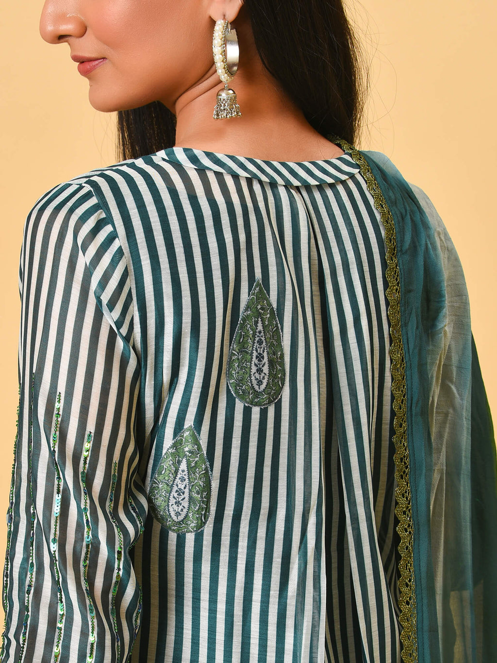 Stripe & Print Kurta- Pant & Dupatta Set
