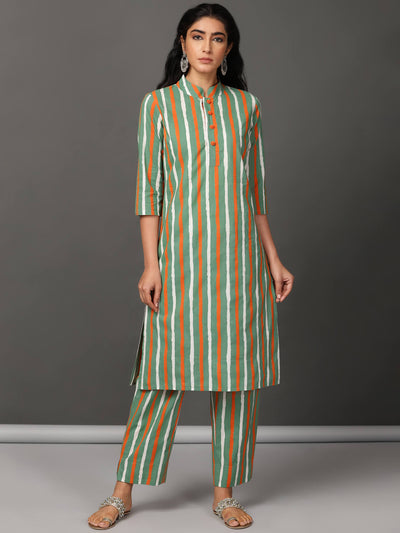 Olive Stripe Straight Kurta With Rounded Bottom And Pants