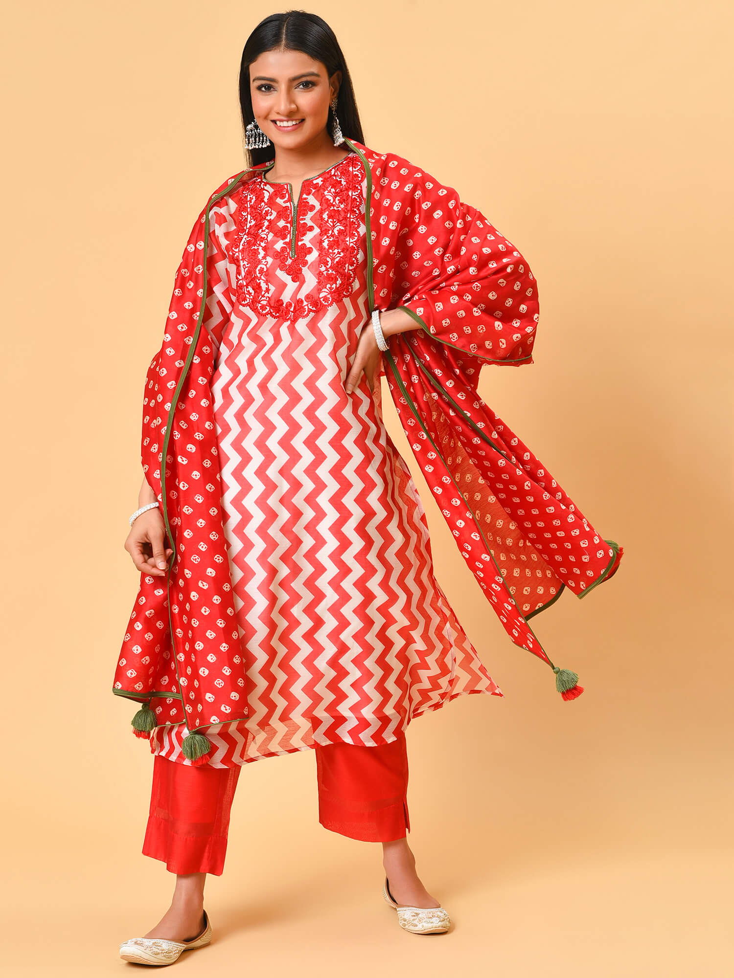 Poppy red and white chanderi kurta pant and dupatta