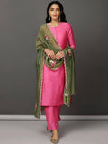 Pink Art Silk Kurta with pants and Olive Chanderi dupatta.