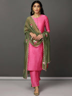 Pink Art Silk Kurta with pants and Olive Chanderi dupatta.