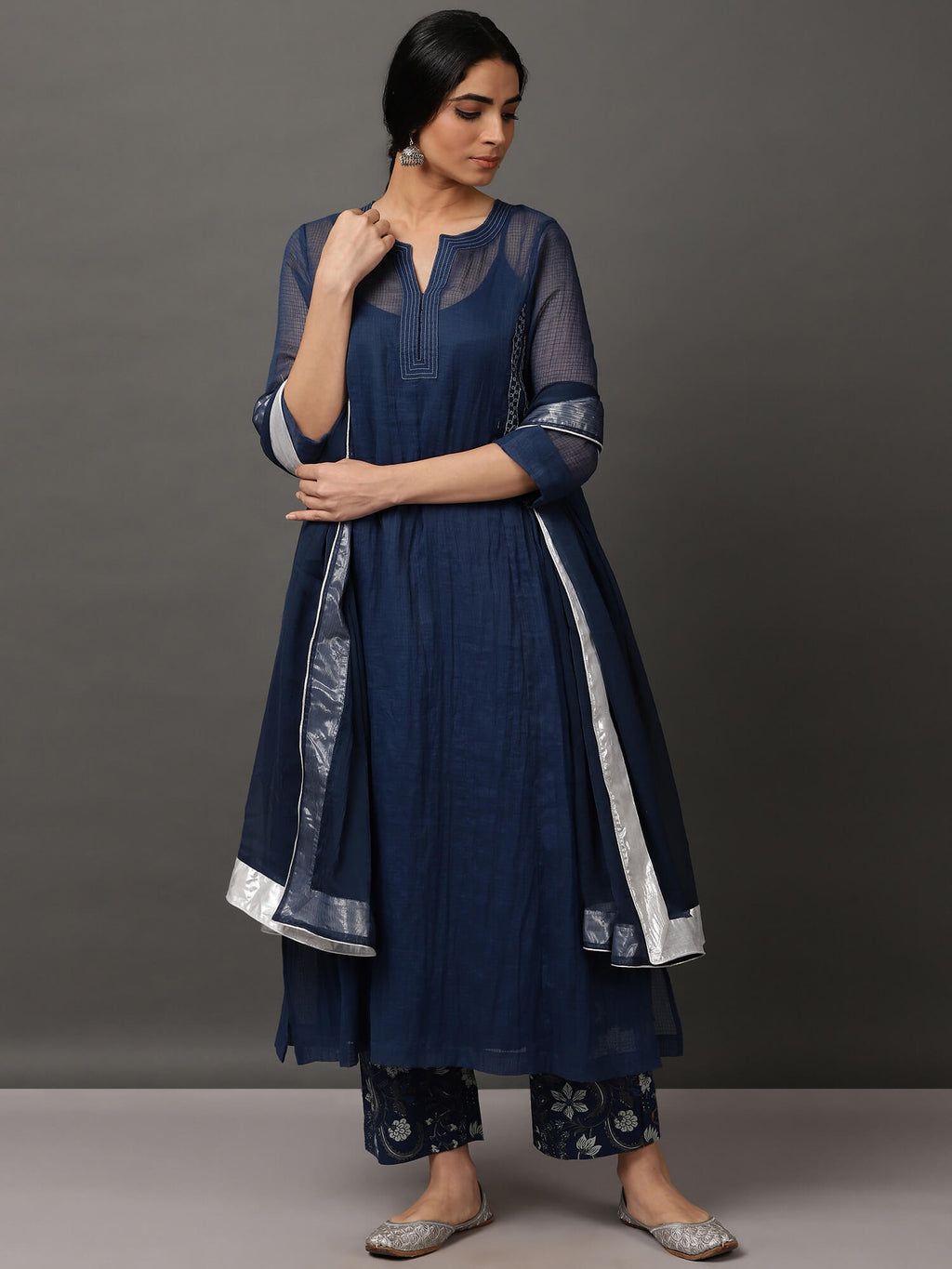 Midnight Blue Kalidaar Kurta, Printed Pant & Dupatta Set