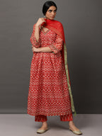 Ikat A-Line Kurta Set with Pant, Dupatta & Camisole
