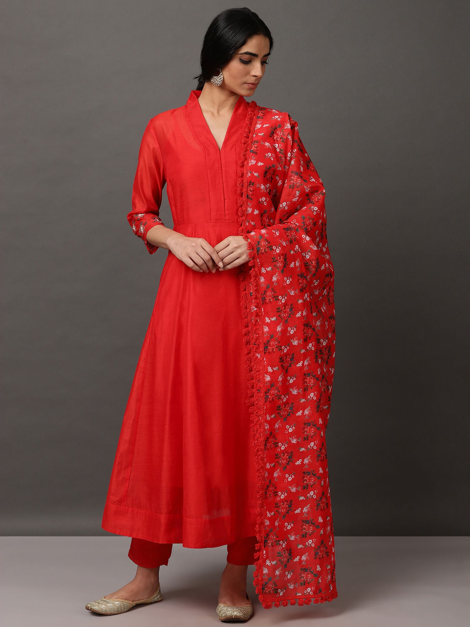 Red Solid Kalidar Kurta And Pant With Dupatta & Camisole