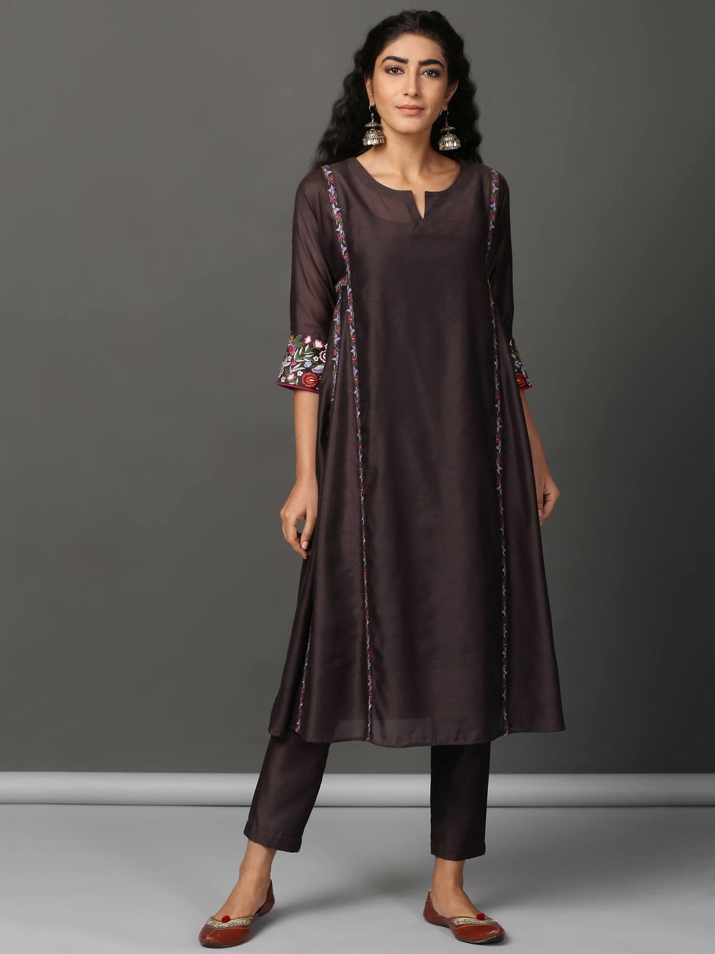 Brown Chanderi Kalidaar Kurta & Pants Set