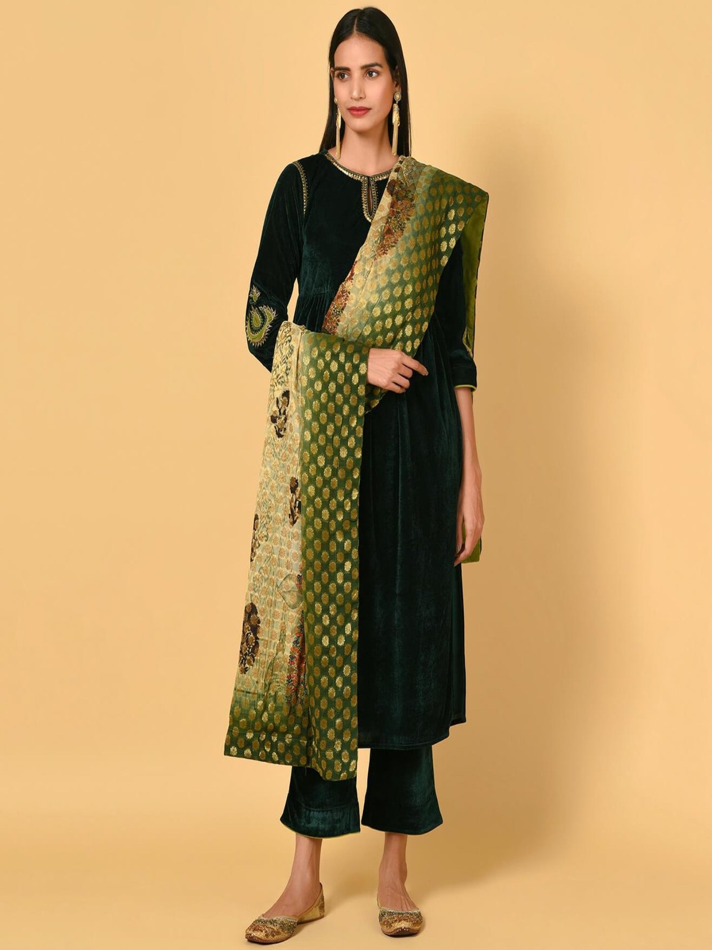 Emerald Green velvet Kurta Pant Dupatta set