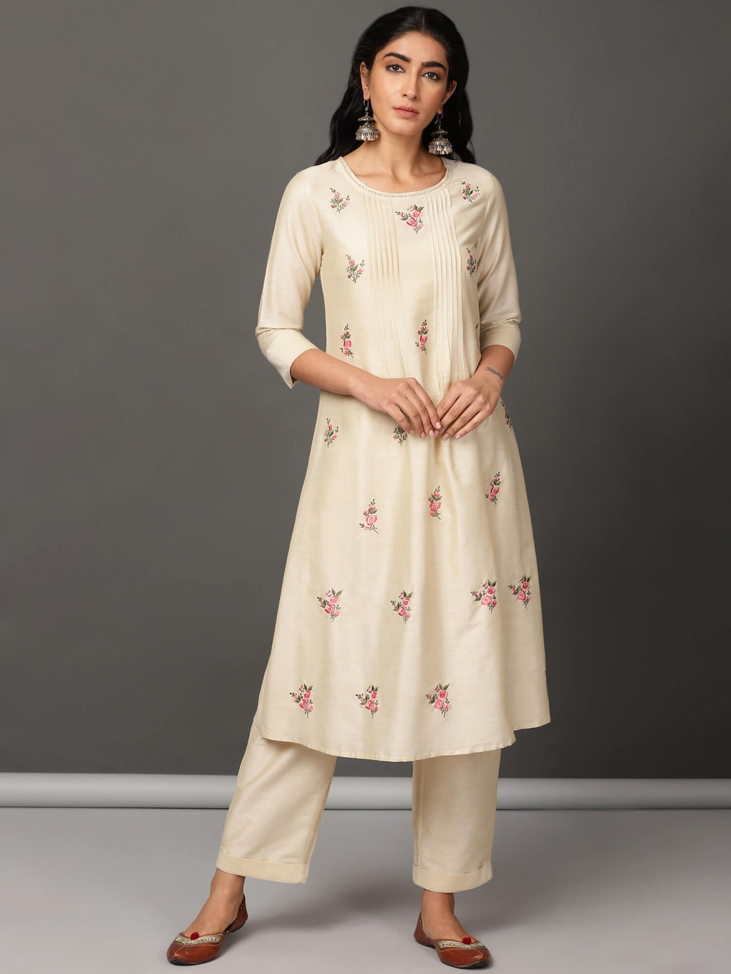 Ivory Beige Floral Embroidered Art Silk Kurta Set