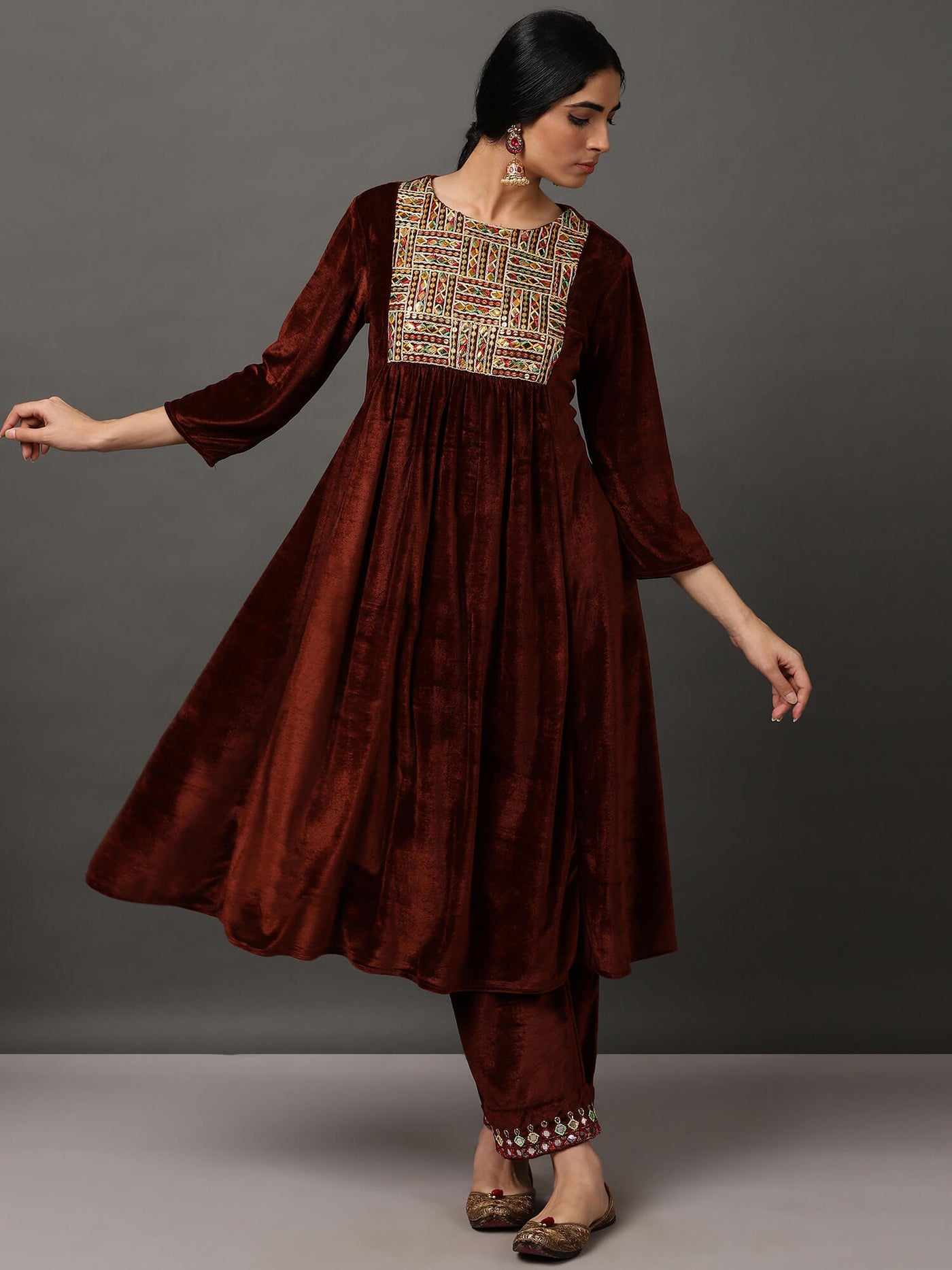 Toasted Coconut Velvet Embroidery Kurta With Pant