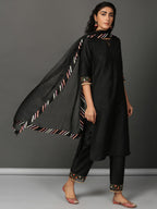 Black Art Silk Kurta Set  with Organza Dupatta