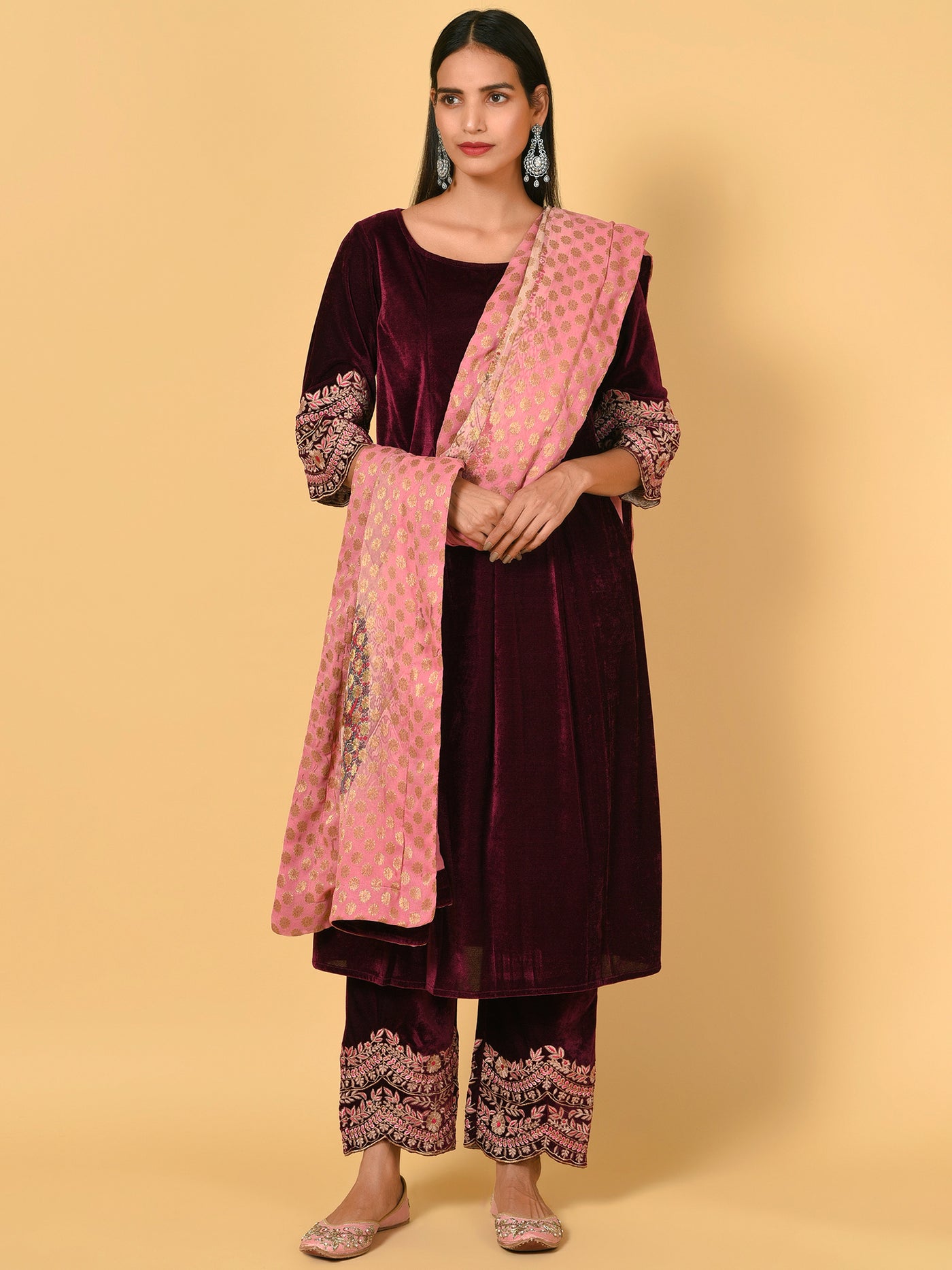 Undaunting Jamun velvet Kurta Pant Dupatta set