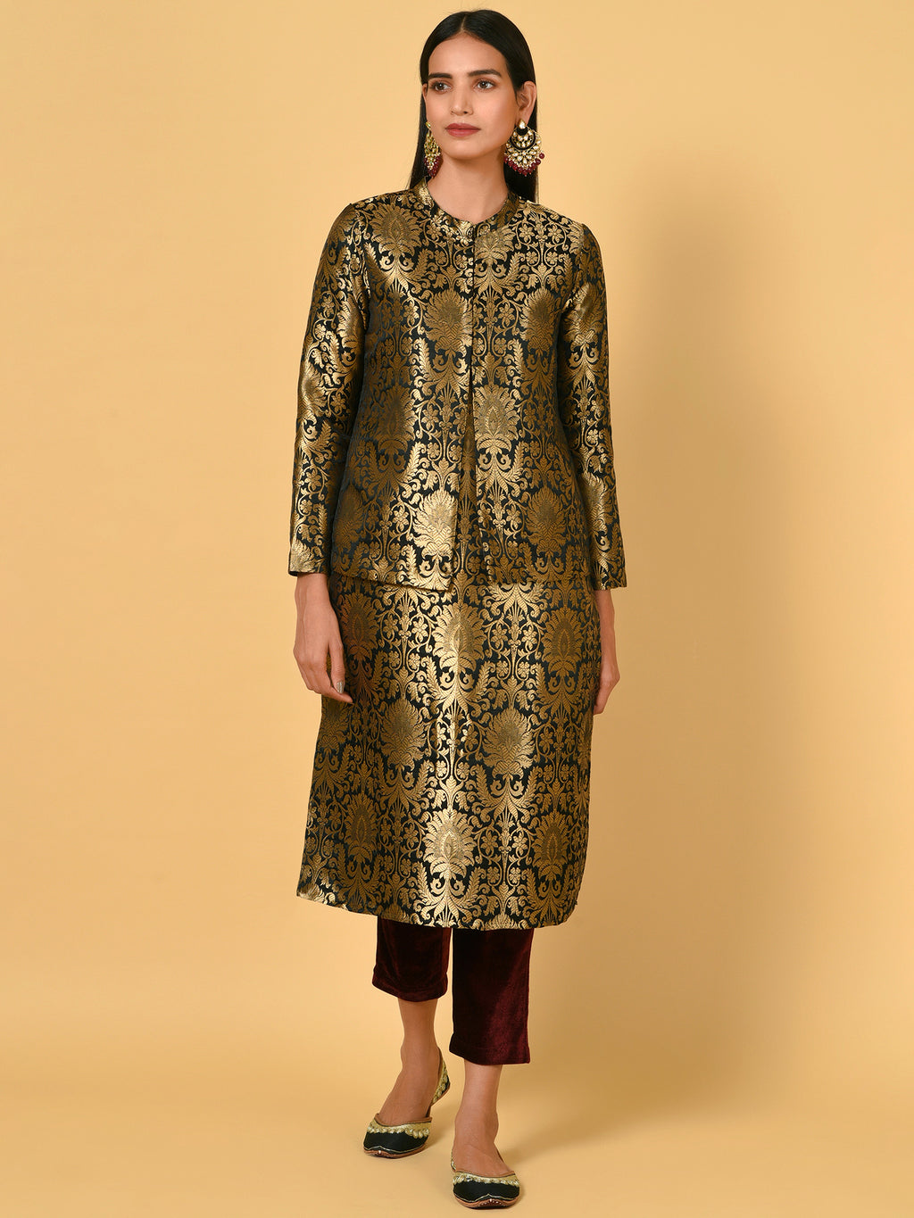 Vivid Black and Gold Kurta Pant and blazer set