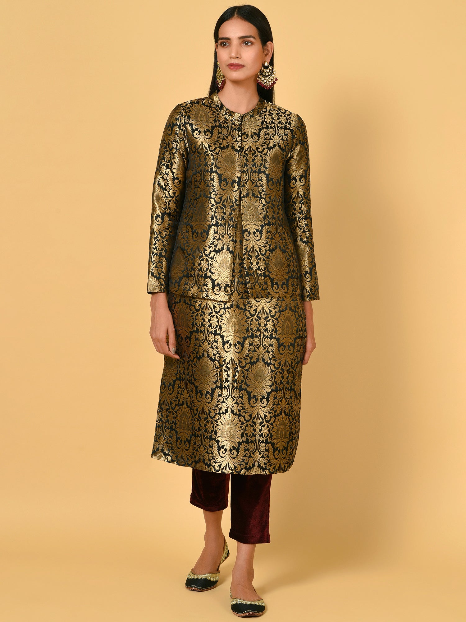 Vivid Black and Gold Kurta Pant and blazer set