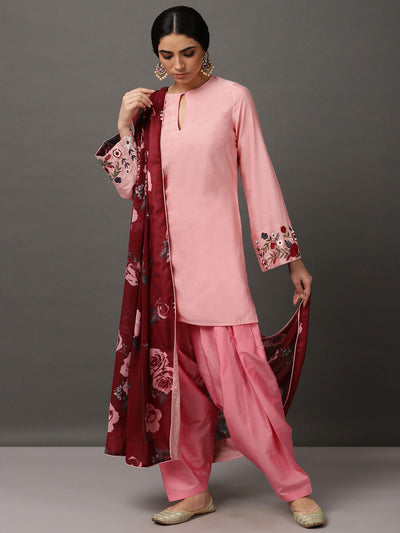 Light Pink Art Silk Short Kurta With Salwar & Dupatta