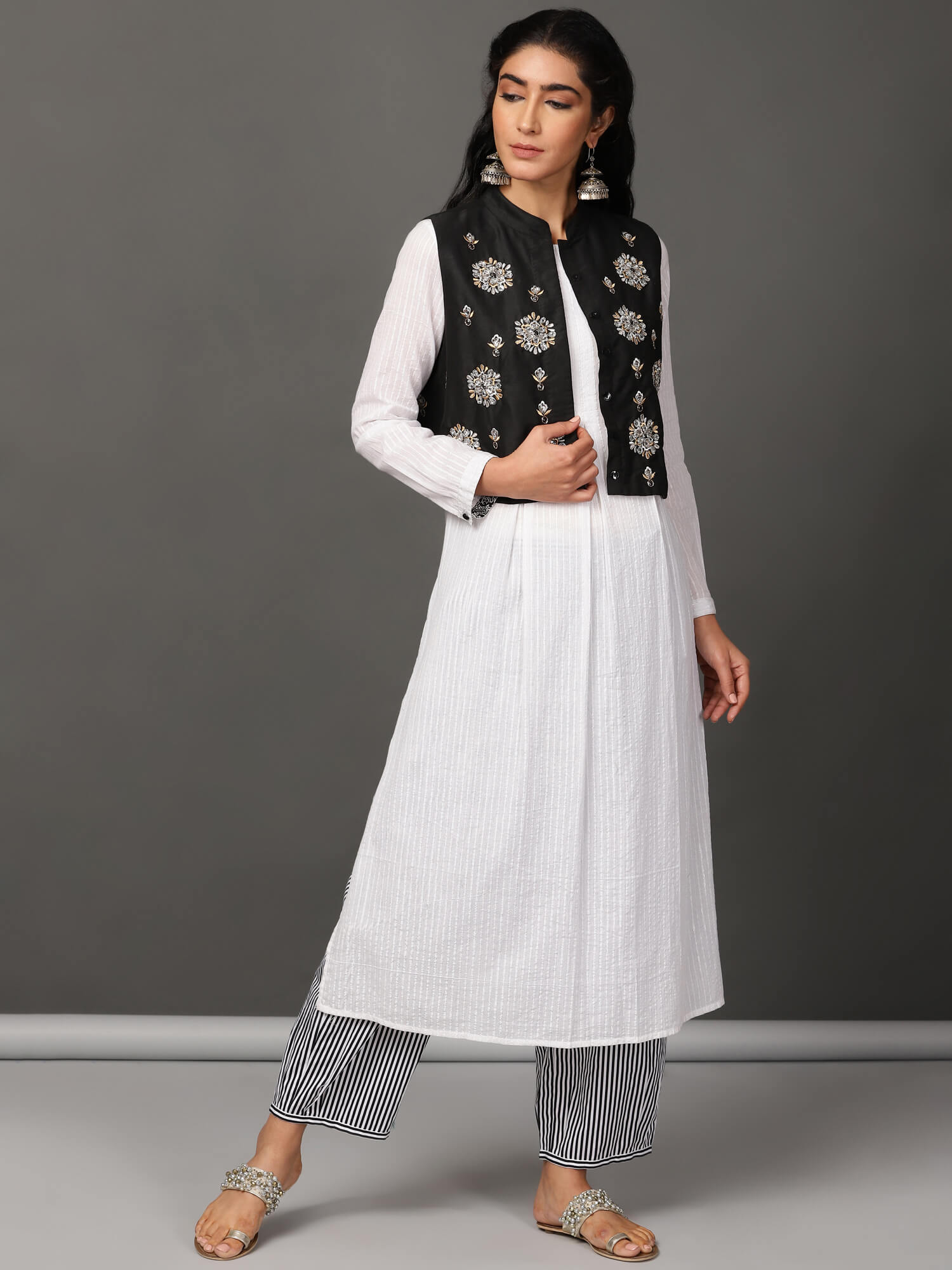 White Pleated Kurta, Pants & Jacket Set