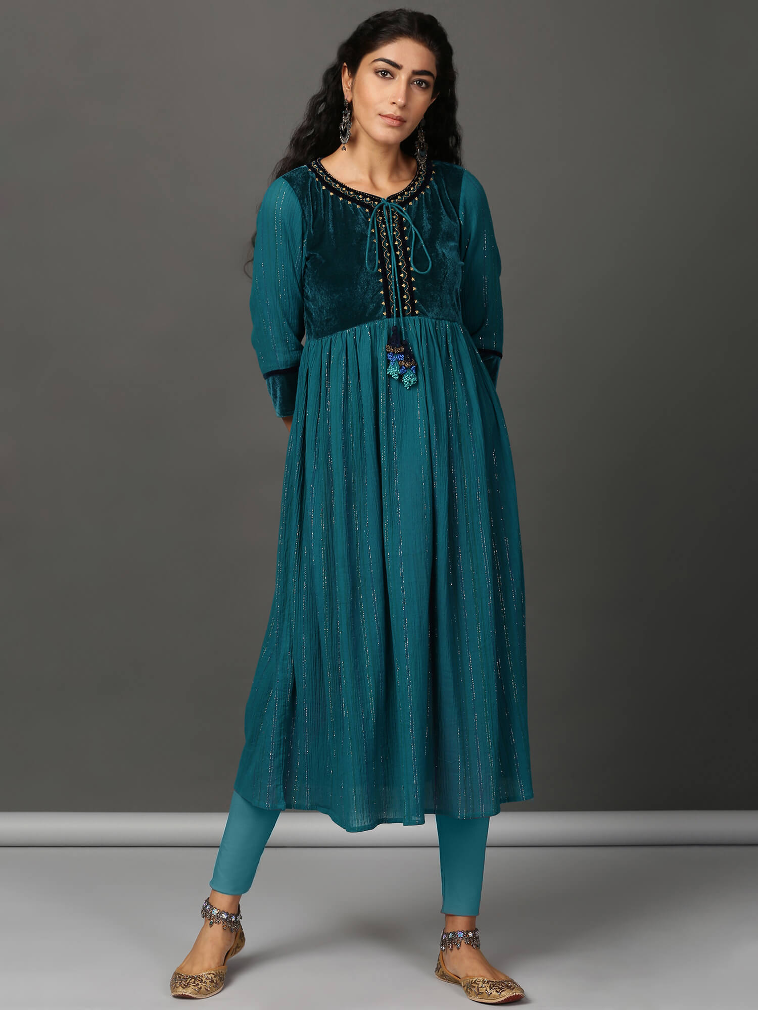 Teal Crinkled Kurta & Churidar Set