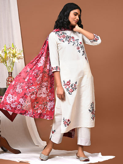 White Embroidered Kurta Pant set with Printed Dupatta