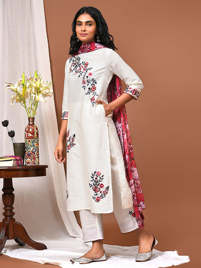 White Embroidered Kurta Pant set with Printed Dupatta