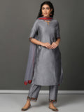 Grey Art Silk Kurta, Pants & Organza Dupatta Set