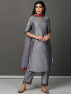 Grey Art Silk Kurta, Pants & Organza Dupatta Set