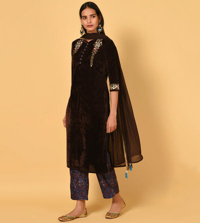 Brown Velvet Embroidered Kurta with printed Pant and Dupatta set