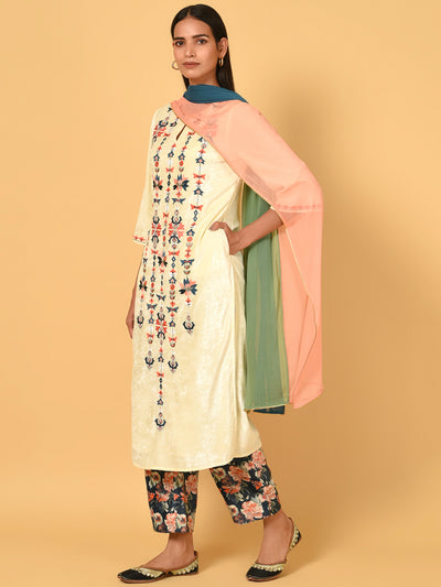 Sublime Ecru velvet Kurta Pant and Dupatta set