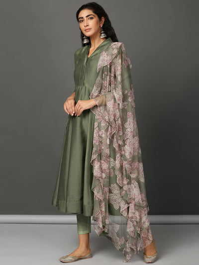 Olive Chanderi Kurta, Pants & Net Dupatta Set