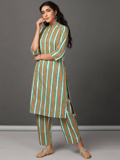 Olive Stripe Straight Kurta With Rounded Bottom And Pants