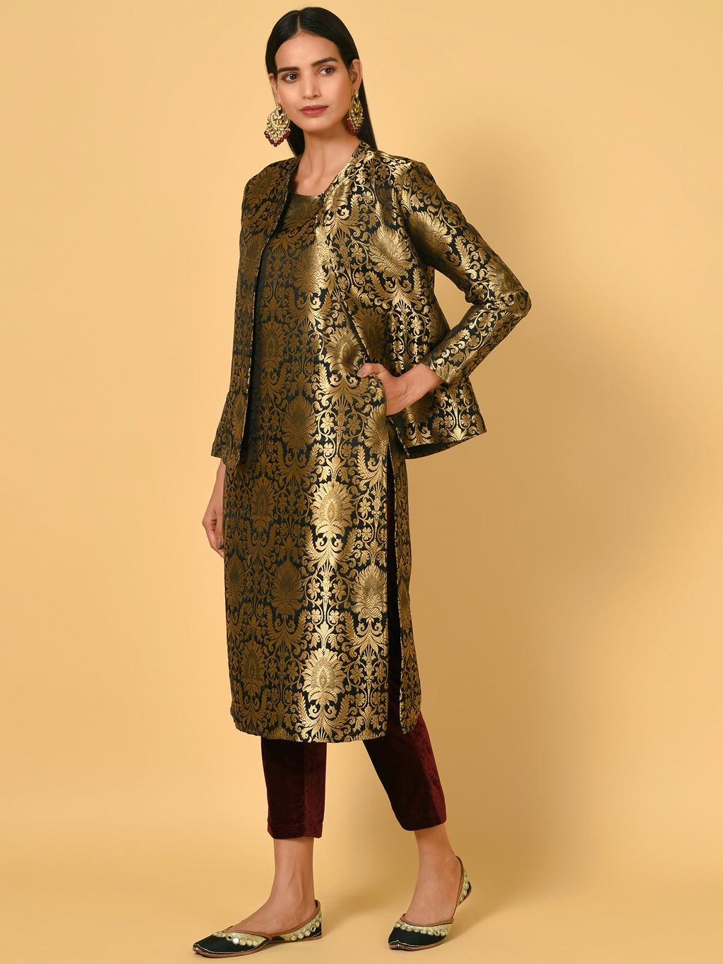 Vivid Black and Gold Kurta Pant and blazer set