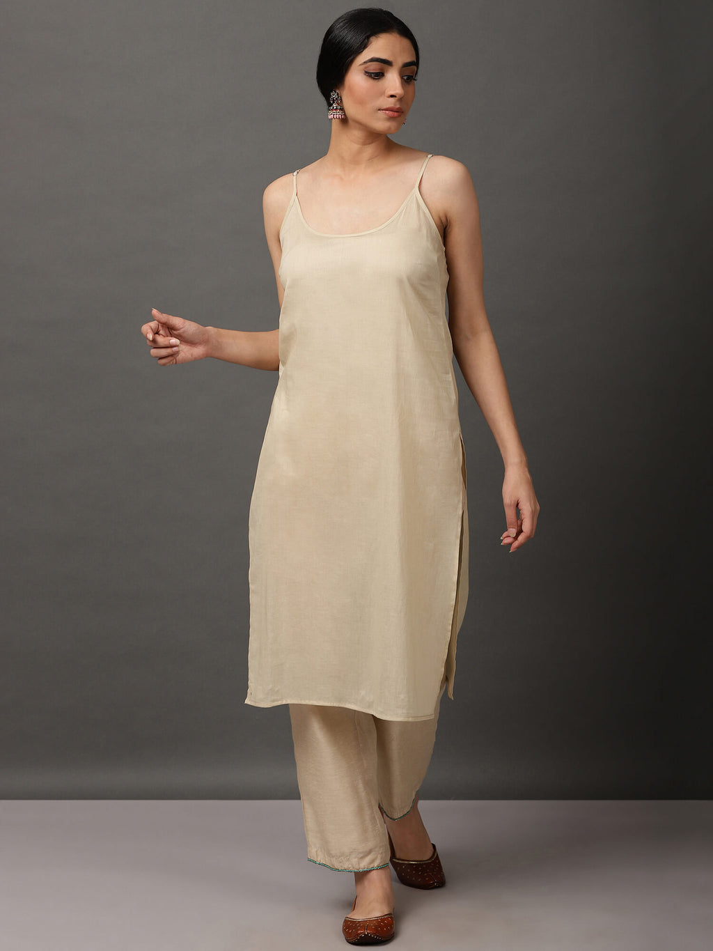 Beige Ecru Chanderi Kurta Set with Dupatta