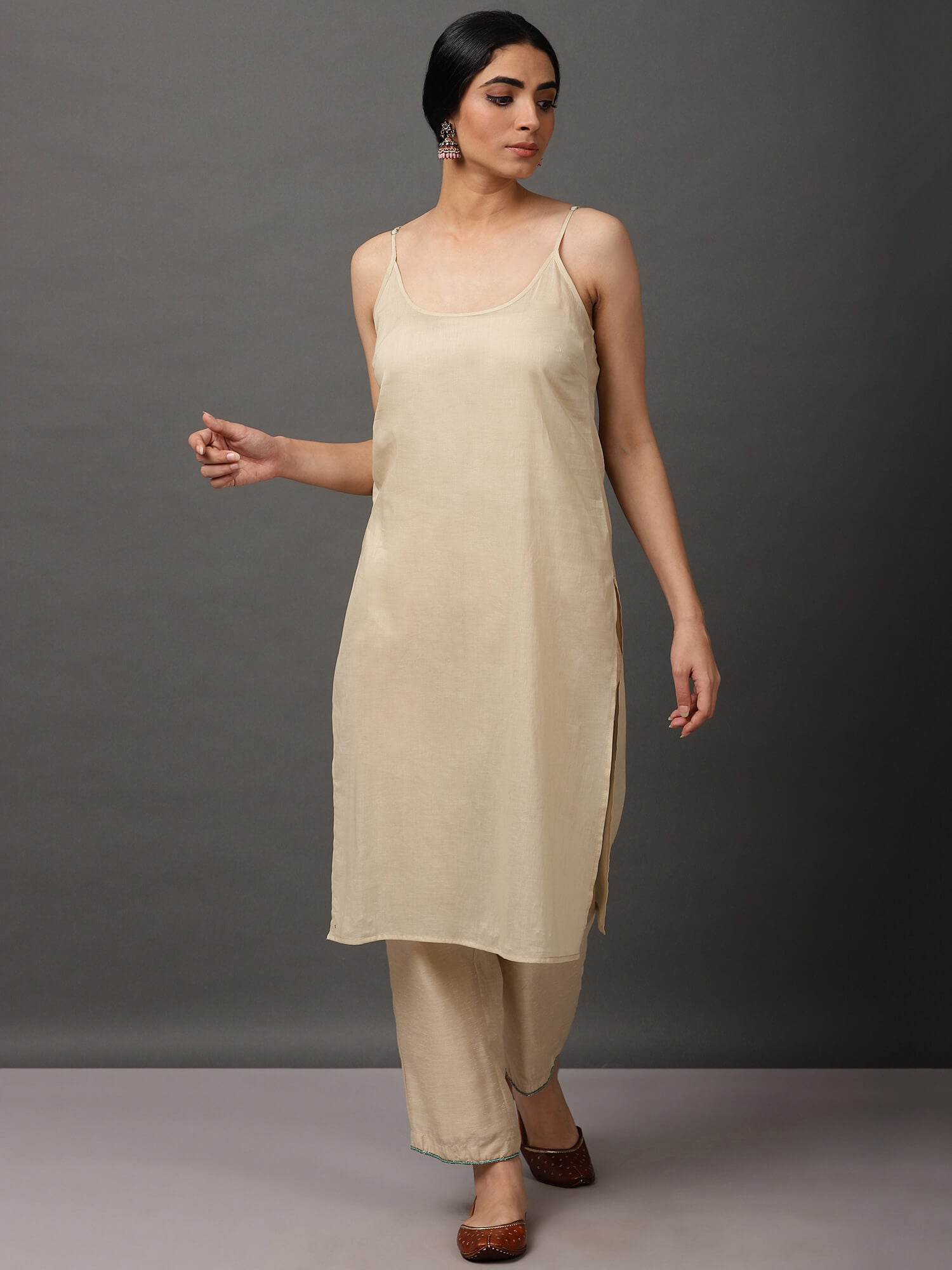 Beige Ecru Chanderi Kurta Set with Dupatta